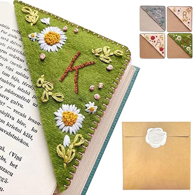 Personalized Hand Embroidered Corner Bookmark, 26 Letters Hand Stitched Felt Corner Letter Bookmark, Cute Flower Embroidery Bookmarks for Book Reading Lovers Meaningful Gift (Summer，K
