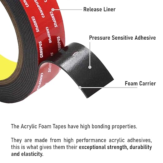 CANOPUS Double Sided Tape, 5952 Heavy Duty Mounting Tape, Strong Bond & Weatherproof Seal Strip for Automotive Mounting, Picture and Photo Frame, Poster, Craft, 1 in x 108 ft, Black, Made in USA