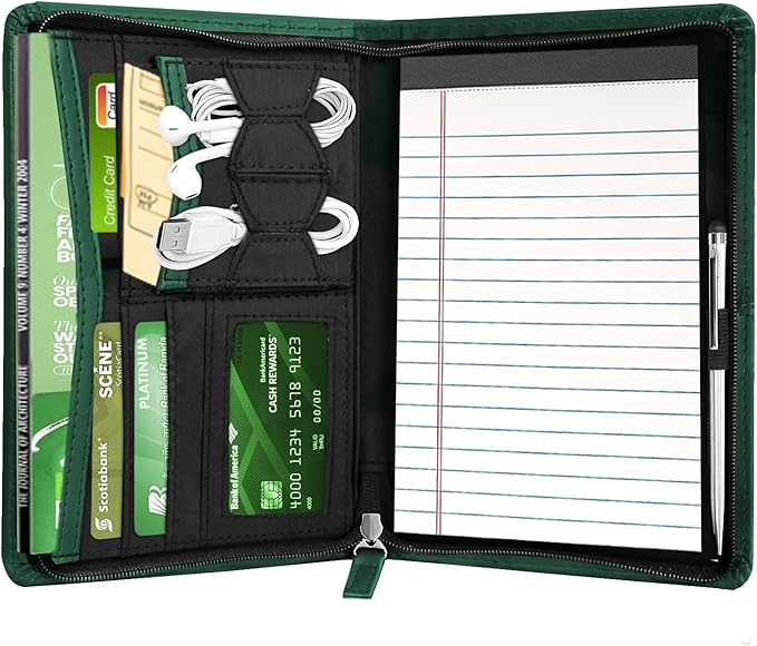 Junior Padfolio Portfolio with 5 x 8 Writing Pad, A5 Business Portfolio Binder Folder Organizer Multi-Function Combination Case for Men Women, Dark Green