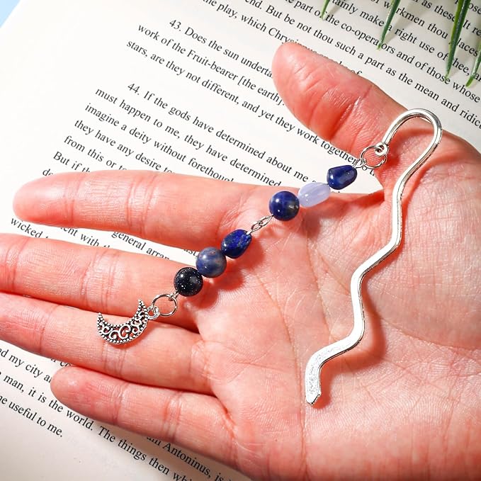 Vintage Metal Moon Bookmark Pendant with Natural Crystal Bead Chain–Elegant Bookmarks for Women,Men,Book Lovers,Teachers and Students(Sodalite)