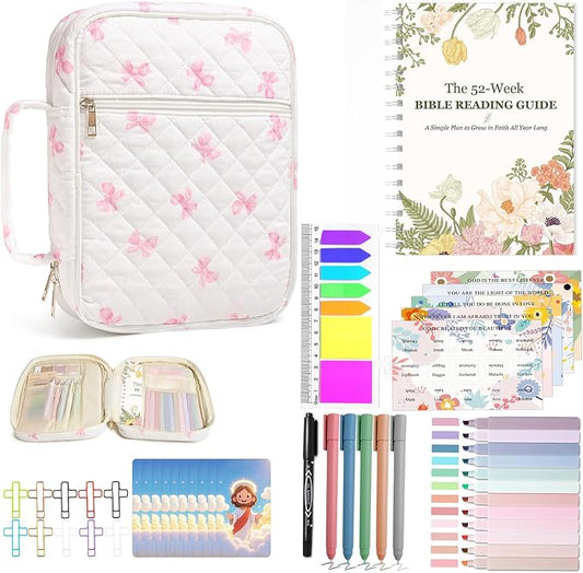Bible Cover Set with Handle, Large Quilted Bible Bag for Women Girls, Bible Study Supplies Kit with Tabs, Pens, Sticky Notes, Study Planner & Scripture Cards, Christian Gifts for Devotional Journaling