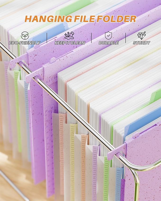 Ansook Hanging File Folders, Legal Size with 1/5-Cut Adjustable Tabs, 7 Accordion Pockets, 1.2'' Expandable File Folder Organizer for Filing Cabinet Office Home, School, 50% Wheat Straw (Purple)
