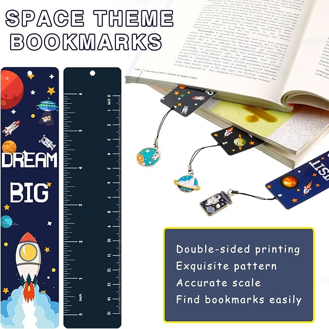 48 Pack Space Bookmarks Bulk for Kids, Outer Space Themed Party Favors, Astronaut Rocket Planet Galaxy Theme Birthday Party Favors, Bookmarks with Metal Charms for Boys Girls, Classroom Rewards Gifts