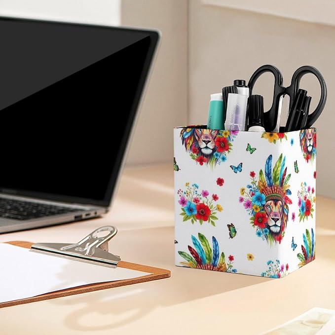 Holder Cup Makeup Brush Storage Organizer, Waterproof Multifunctional Office Supplies, Pen Holder Square Leather Pencil Colorful Lion Flowers Floral White Art