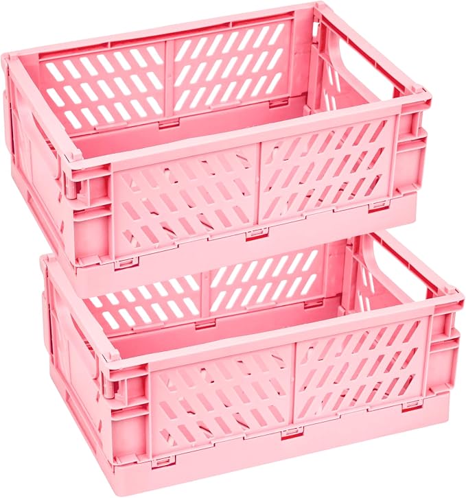 2 Pack Plastic Storage Collapsible Crate Organizer Basket Bin for Organizing Desk Drawer Shelf for Home Kitchen Bedroom Bathroom and Dorm Storage, 9.8x6.5x3.8in, Pink