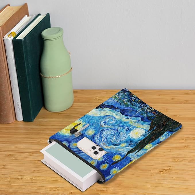 Gogh Starry Night Book Sleeve, Book Lovers Gifts Sleeve with Zipper & Front Pocket, 11.4x8.8 Inch Canvas Books Cover Protector Bookish Gifts for Readers Librarian Women Teacher