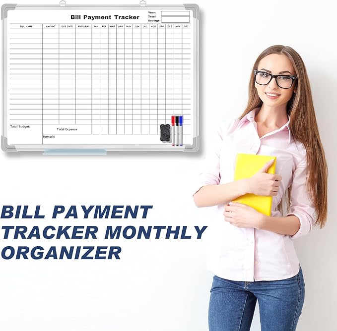 Feifeiya 24 x 18 Inch Monthly Bill Payment Tracker Organizer Whiteboard Aluminum Frame Wall Monthly Bill Payment Checklist Magnetic Dry Erase Board Planner for Personal Budgeting Financial (Stylish)