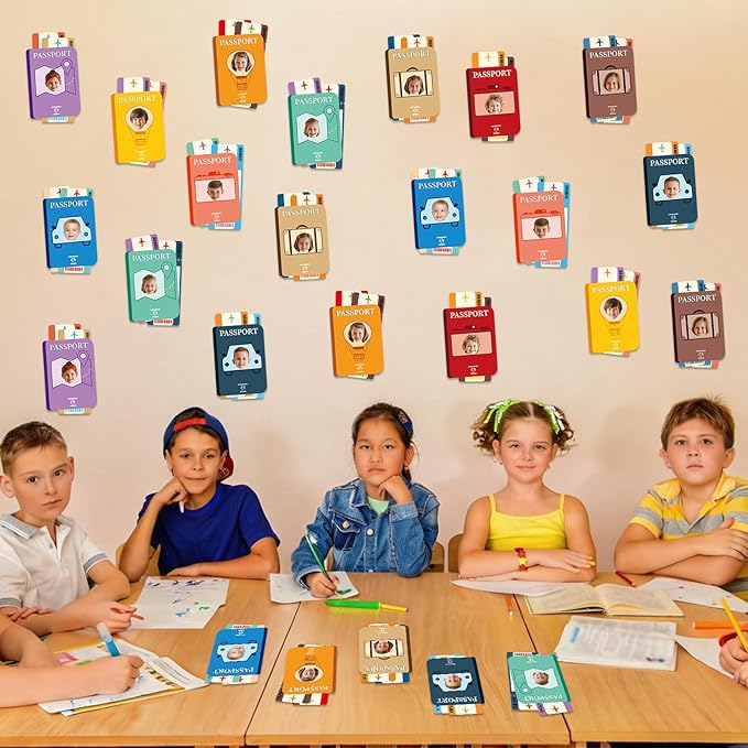 60pcs Passport Theme DIY Cutouts Passport Bulletin Board Decoration Set World Travel Paper Cut-Outs Classroom Decor for Boy Girl Classroom DIY Photo Craft Kindergarten School Wall Door Supplies