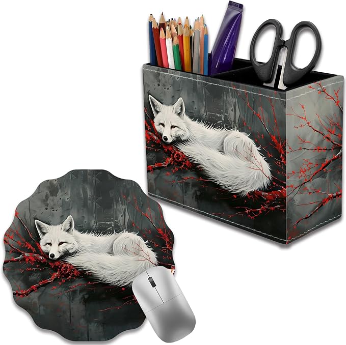 Pen Holder for Desk, PU Leather Multifunctional Desktop Storage Box and Anti-Slip Mouse Pad Set, Makeup Brush Holder Pen Organizer for Office and Home - Fox and Red Branch
