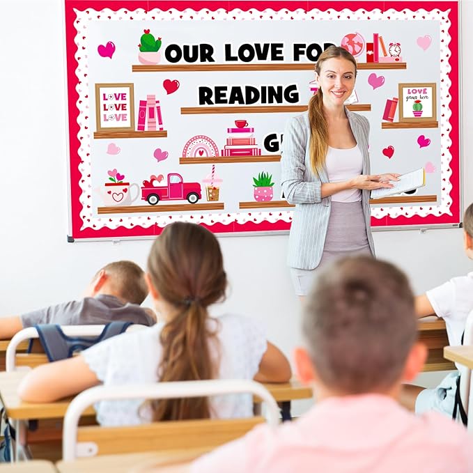 Valentine's Day Reading Bulletin Board Decoration Set, Valentines Day February Library Classroom Decorations Love Heart Book Plant Cutouts School Nursery Home Window Wall Door Decor for Teacher