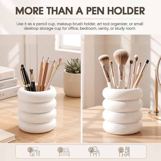 Aesthetic Desk Organizer Boho Pen Holder Modern Pencil Holder Beige Plastic Makeup Brush Organizer for Office Desk Accessories Stylish Home Office Art Decor Supplies(Wavy)
