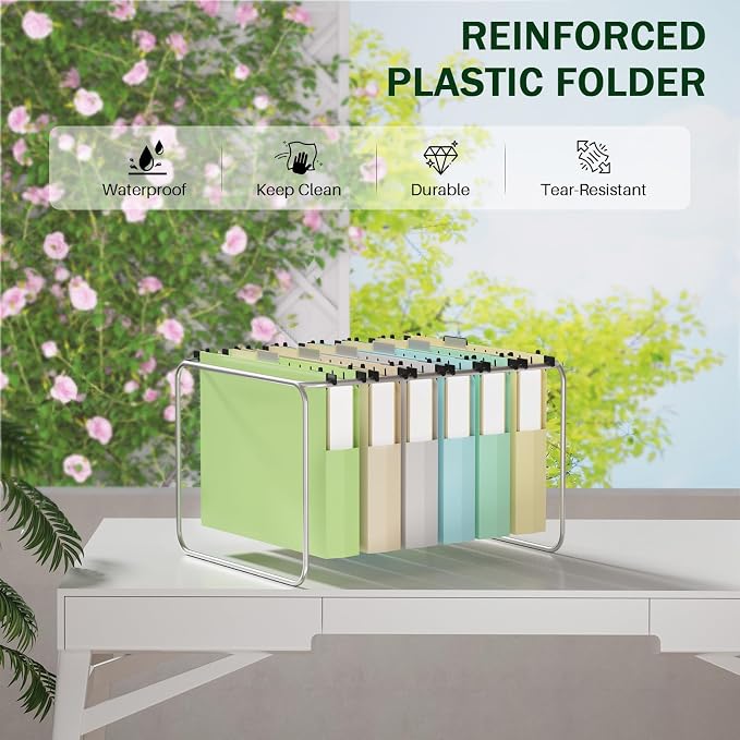 12 Pack Plastic Hanging File Folders, Letter Size Hanging File Folders 2" Expansion & 15x Tabs, File Folder Hang Folder for Filing Cabinet Drawer Office School Supplies, Pastel Folders