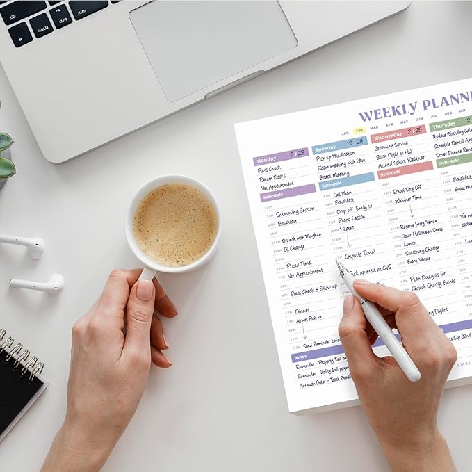 Weekly Planner Notepad, 8.5 x 11" Tear-Off Pad – 70 Undated Sheets, Daily Schedule Deck Organizer with Priorities, To Do List & Checklist for School, Work, Home (White, Colorful, 2 Pack)