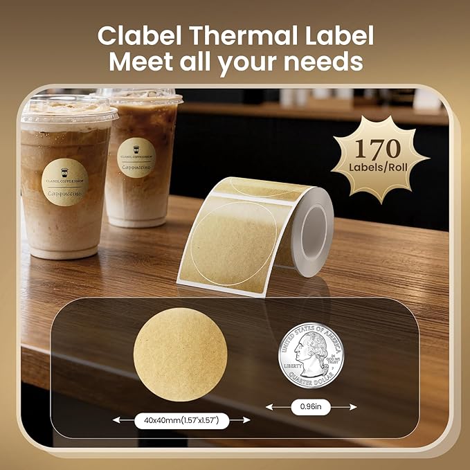 Clabel Round Colorful Labels - 1 Roll x 1.57'' (40x40mm) Kraft-Print, Thermal Glossy, Home/School/Office for CLABEL 221B/220B/230B Label Maker, 170PCS/Roll