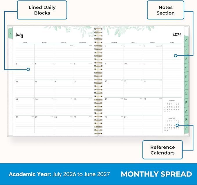Blue Sky 2026-2027 Weekly and Monthly Academic Year Planner Calendar, July 2026 - June 2027, 8.5" x 11", Flexible Cover, Wirebound, Laminated Tabs, Storage Pocket, Laurel
