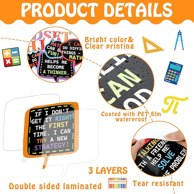 party greeting Math Growth Mindset Bulletin Board Set Maths Classroom Decoration Mathematics Paper Cutout Number Bulletin Board Border for Inspirational School Educational Wall Decor Teacher Supplies