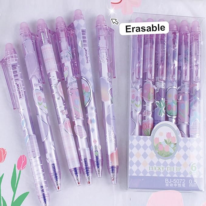 MOZXIRZ 6 Pcs Erasable Gel Ink Pens Retractable Pens Cute Flower Pen 0.5mm Fine Point Pen Office School Supplies Women Girls (Blue Ink-Tulip)