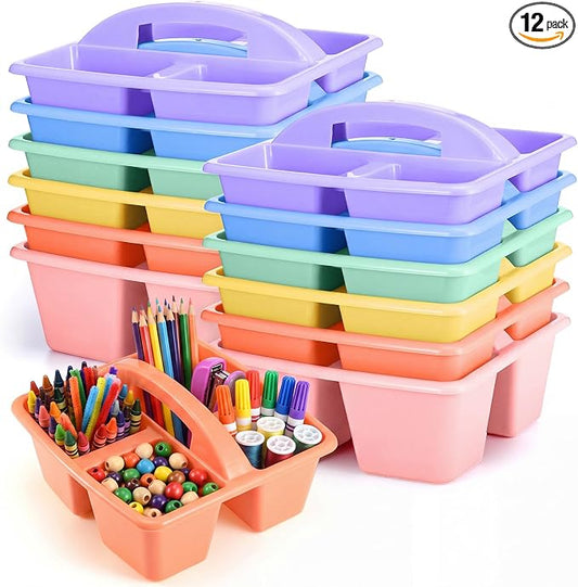 Lineshading 12 Pack Plastic Classroom Caddy - 4 Compartment Organizer Boho Color Table Caddy with Handles for School Home Office Supplies (Yellow,Green,Blue,Pink,Red,Orange)