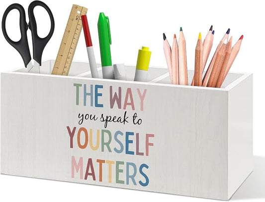 Boho Mental Health Pen Holder, Therapist Office Pen Pencil Holder Organizer for Desk Accessories, Motivational Wooden Box Desk Decor for Classroom Therapy Counselor Office Desk Decorations