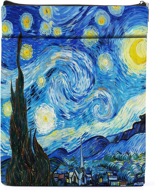 Gogh Starry Night Book Sleeve, Book Lovers Gifts Sleeve with Zipper & Front Pocket, 11.4x8.8 Inch Canvas Books Cover Protector Bookish Gifts for Readers Librarian Women Teacher