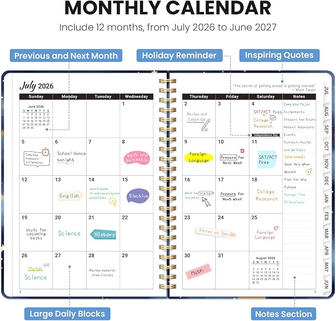 Planner 2026-2027, Monthly and Weekly Academic Planner July 2026 - June 2027, Hardcover Student Teacher Planning Agenda Calendar Book with Tabs, Perfect for Office School Supplies, A4 (8.5" x 11") - Starry Night
