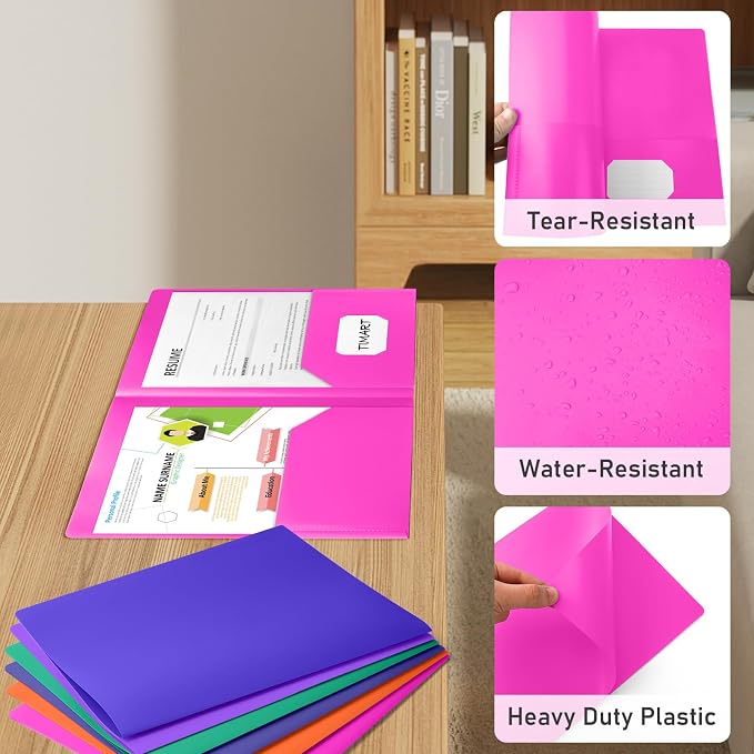 Timart Folders with Pockets-6 Pack, 2 Pocket Folders Fit Letter Size Paper, Plastic Colored folders for Documents, School Office Home Bussiness