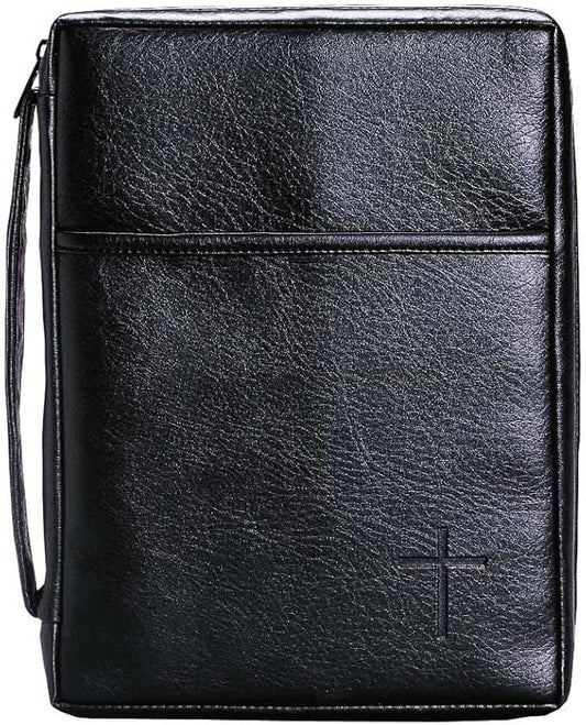 Soft Black Embossed Cross with Front Pocket Leather Look Bible Cover with Handle, Large