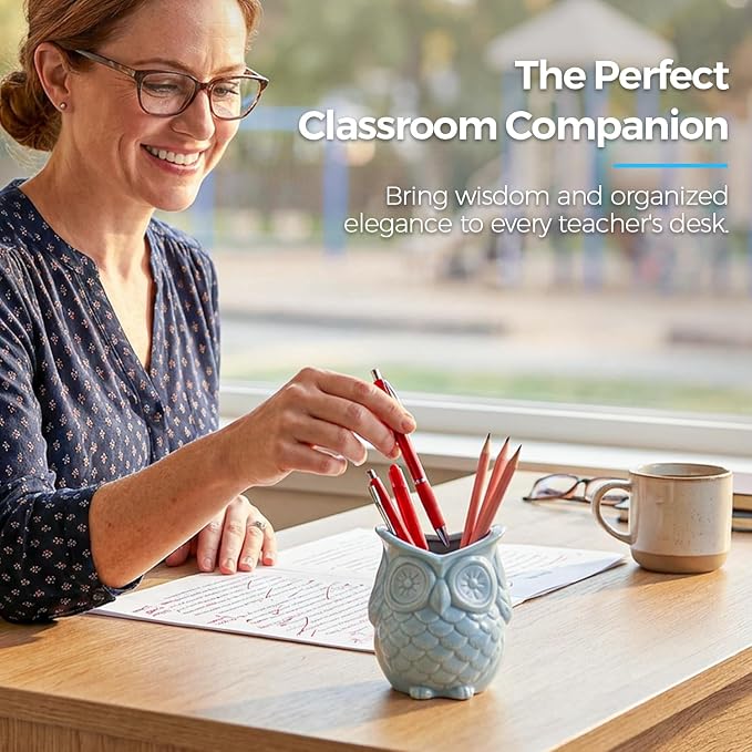 ComSaf Ceramic Owl Pen Holder, Glazed Blue Pencil Cup — Cute Teacher Appreciation Gift for Desk, Owl-Shaped Classroom Decor, Small Office Organizer for Home, School Desk & College Dorm Room, 3.5 Inch