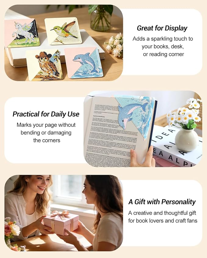 Lucky Diamond Art Bookmarks Set, 4PCS Book Corner Diamond Painting Bookmarks with Hummingbird, Whale, Unicorn & Owl Designs, DIY Gem Art & Crafts for Book Lovers, Diamond Art Kits for Adults