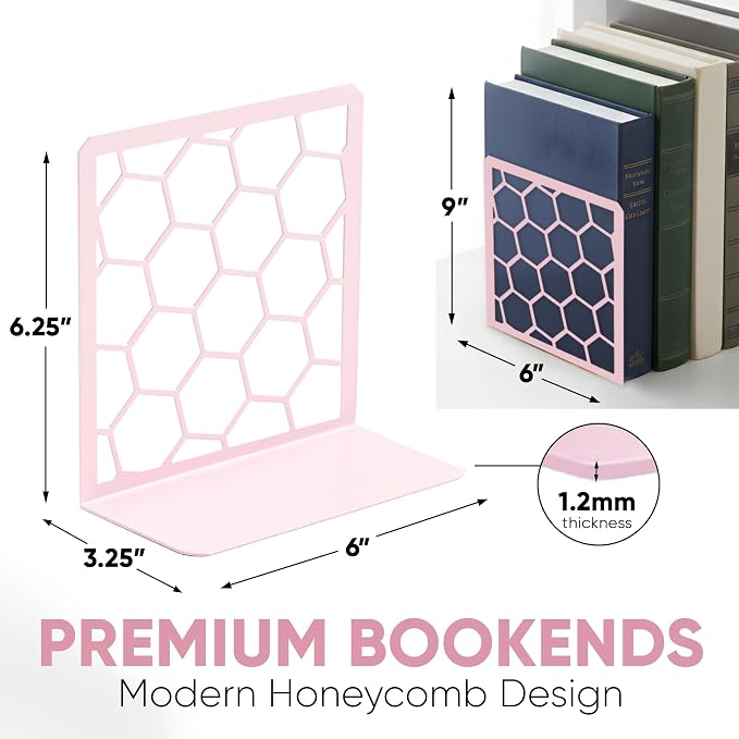 Pink Geometric Honeycomb Metal Bookends - Book Ends for Shelves - Decorative Modern Heavy Duty Bookend Stopper - Book Ends for Heavy Books - Home Office Book Holder - 1 Pair, 6x3.25x6.25 in
