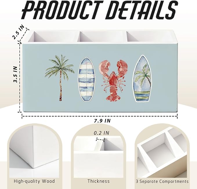 Coastal Beach Pen Pencil Holder for Desk, Beach Office Decor, Tropical Ocean Beachy Lobster Surfboard Palm Tree Wooden Box Sign Decorations for Home Bedroom Office Desk Tabletop