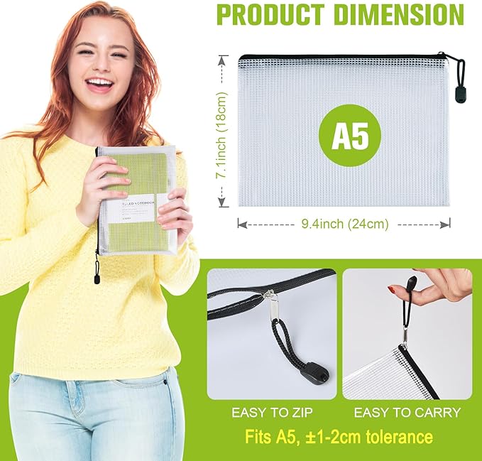Mesh Zipper Pouch, 6PCS Waterproof Plastic Mesh ZipperBag, A5 Size Tear-Resistant Document Pouch, Extra Large Zip File Bags, for School Office Supplies Home Travel Storage(9.4×7.1 Inch)