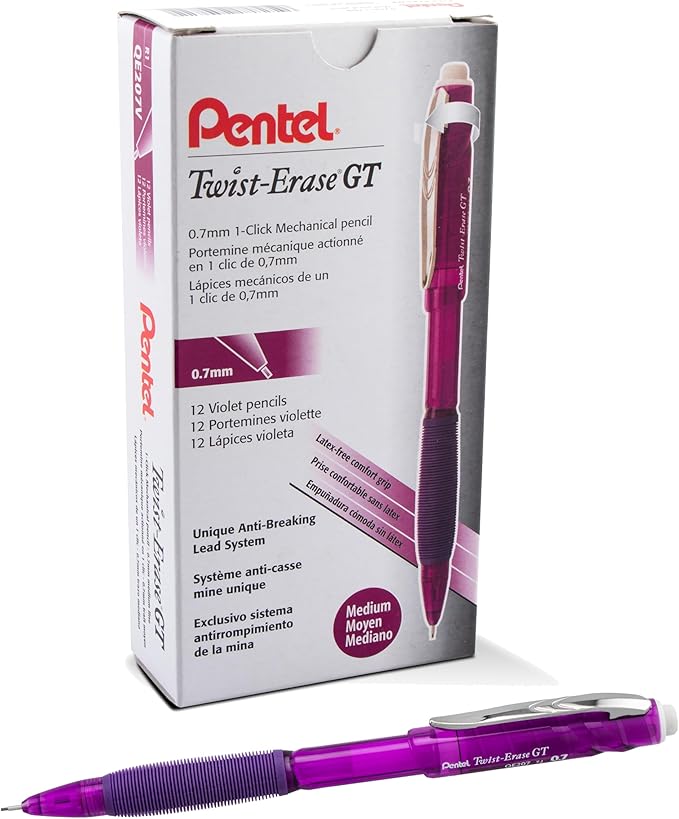 Pentel Twist-Erase GT, (0.7mm), Mechanical Pencil Transparent Violet, Box of 12 (QE207V)