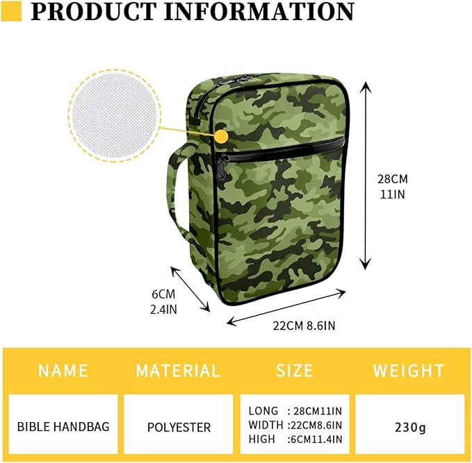 FDANDNDE Green Camo Bible Case with Handles and Zippered, Kid Bible Cover for Church Study Bible, Bible Cover Easy to Cleaning