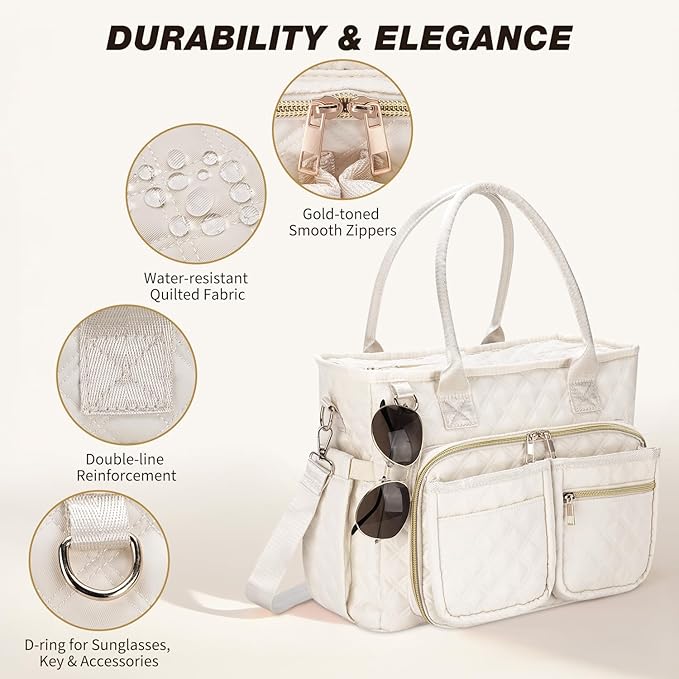 KOPKOFT Large Bible Cover Case for Women, Quilted Church Tote Bag with Shoulder Strap, Bible Study Supplies Journaling Kit Bible Accessories, Christmas Christian Gift for Women (Beige)