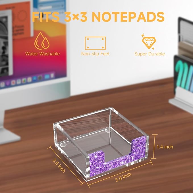 Acrylic Notepad Dispenser Organizer - 3 x 3 in Clear and Glitter Purple Sticky Note Holder W/O Pads Memo Holder for Dorm Room School Classroom Office Desk Organizer Aesthetic Supplies