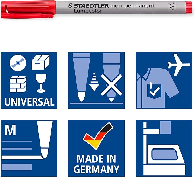 Staedtler Lumograph Non-Permanent, Wet Erase Marker Pens, Medium Tip Refillable Colored Markers, 4 Pack, 315 WP4
