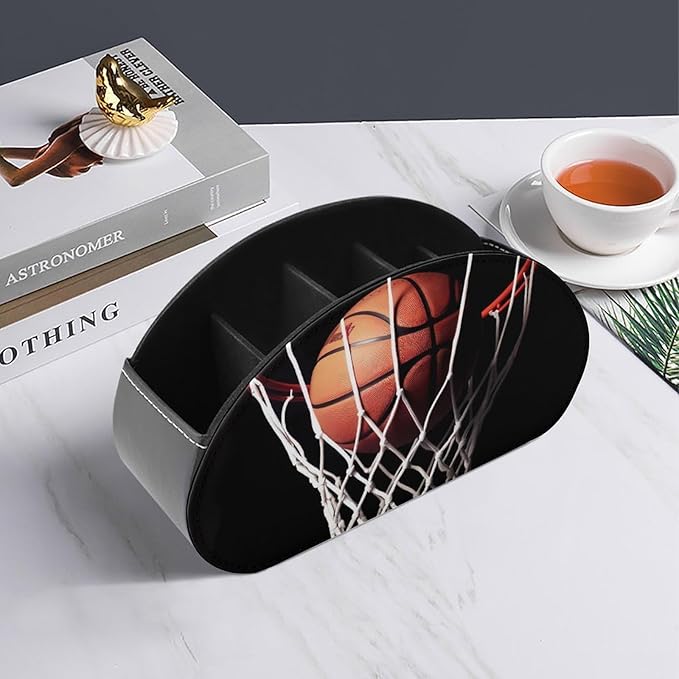 PU Leather Basketball Remote Control Holder Caddy with 5 Compartments Nightstand TV Remote Caddy Small Desktop Organizer Storage for Remotes Makeup Office Supplies