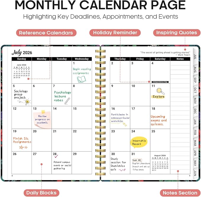 Planner 2026–2027, Academic Year Monthly & Weekly Calendar Book, Jul 2026–Jun 2027, Hardcover Organizer with Tabs, Student & Teacher Planner, 8.5" x 11", Hummingbird
