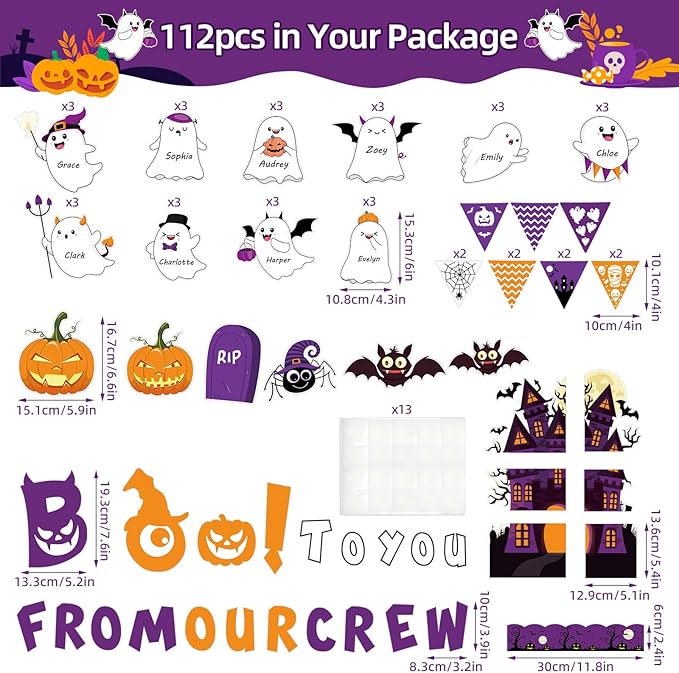 112pcs Halloween Bulletin Board Decoration Set Cute Ghost Name Tag Paper Cutouts Pull the Flag Pumpkin Bat Spider Tombstone Ghost House Cut Outs for Halloween School Home Office Wall Decor