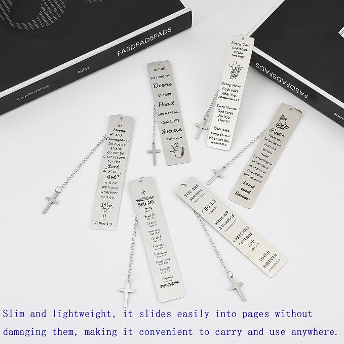 6PCS Metal Christian Bookmarks with Inspirational Bible Verses Stainless Steel Cross Pendant Tassel，Religious Gift Accessories for Church Readers Believers (Bible Verses)