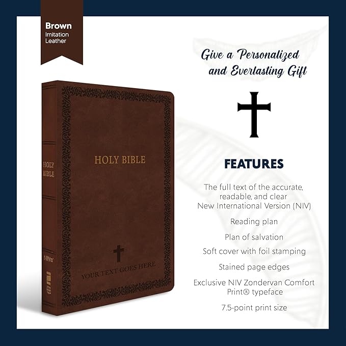 Personalized Soft Touch NIV Thinline Holy Bible with Custom Name on Lower Right Corner of Faux Leather Cover | Small Print | Custom Gift for Christian & Religious Celebrations | Brown
