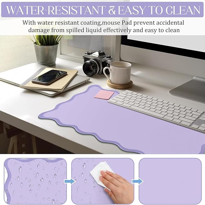 Hahafelt Scalloped Desk Mat Large Desk Pad Cute Coquette Table Mat Back to School Preppy Table Make up Pad Nonslip Graduation Gift with Stitching Waterproof Gaming(Purple,36 x 17 Inches)