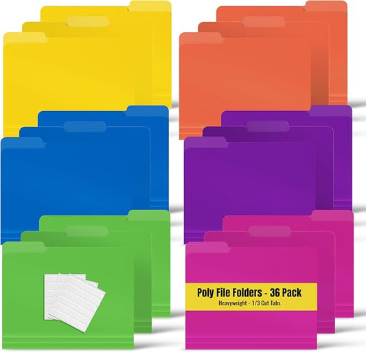 Better Office Products Heavyweight Poly File Folders, 1/3 Cut Tabs, 36 Pack, Assorted Colors, Letter Size, with Adhesive Labels,