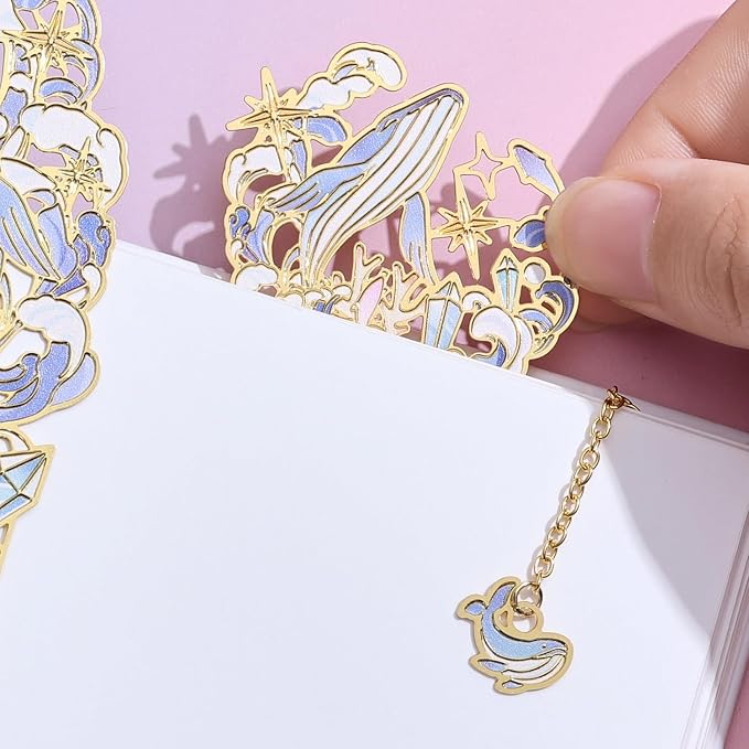 2 Pcs Metal Bookmark Gift Box, Golden Hollow Bookmarks Ocean Painting Theme Book Mark for Women, Book Lovers Writers Readers and Teens, Perfect for Birthday and Graduation Gifts(Blue)