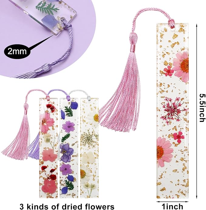 Bookmarks for Women, Kaluofan 2PCS Book Marks for Reading Women, Durable Handmade Dried Flower Resin Bookmarks with Tassels, Pretty and Increase Reading Interest
