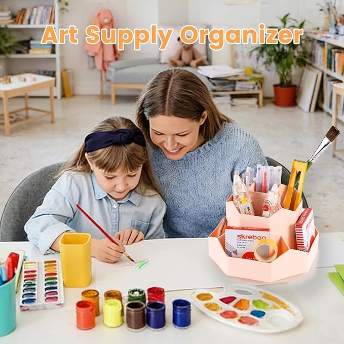 Pencil Pen Holder, 360° Rotating Pen Holder, Desk Organizer with 9 Slots, Desktop Stationery Storage for Office, School & Home, Art Supplies Desktop Decor, Pink