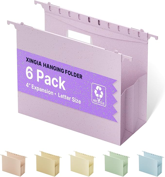 XINGIA Letter Size Hanging File Folders with Tabs, Extra Capacity 4'' File Folders for Thick Files,6 Pack Wheat Straw Reinforced Hanging File Organizer for Filing Cabinet,Expandable Filing Folders