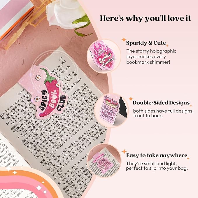 Kaciola Studio 12PCS Glittery Magnetic Bookmarks, Pink Spicy Cute Book Marks for Book Lovers Gifts, Funny Bookmark Accessories for Women Teachers Students School Office Home Supplies (Spicy)