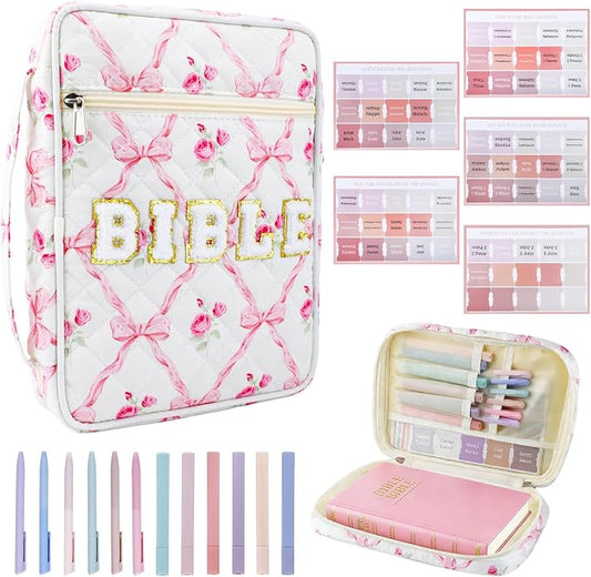 Bible Cover Case for Women, Large Chenille Letter Bible Bag with Handle, Carrying Bag with Tabs 6 Colored Pens 6 Highlighters, Back to School Study Supplies Christian Church Gifts, Pink Bow